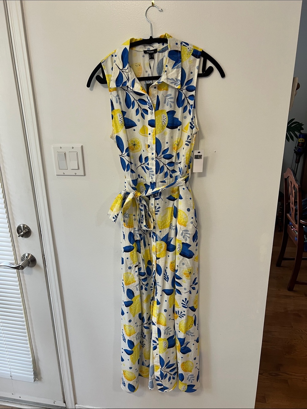 Mexx White front button dress with Yellow Lemon & Blue Leaf Print